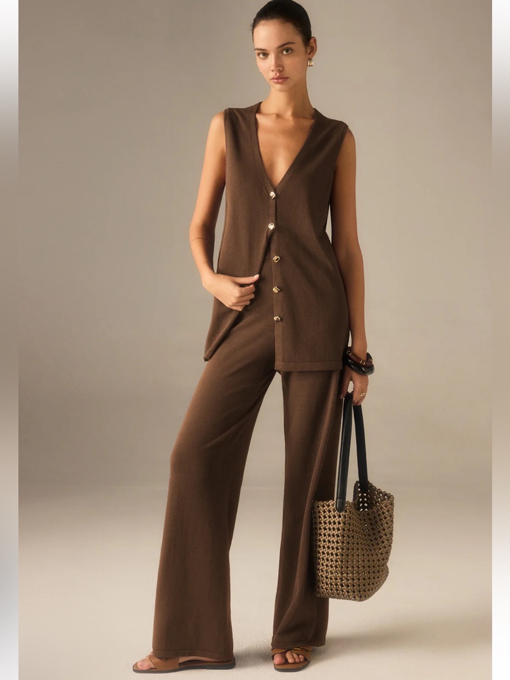 Commense Golden Button Knit Vest Pants Set Size Large NWT Brown